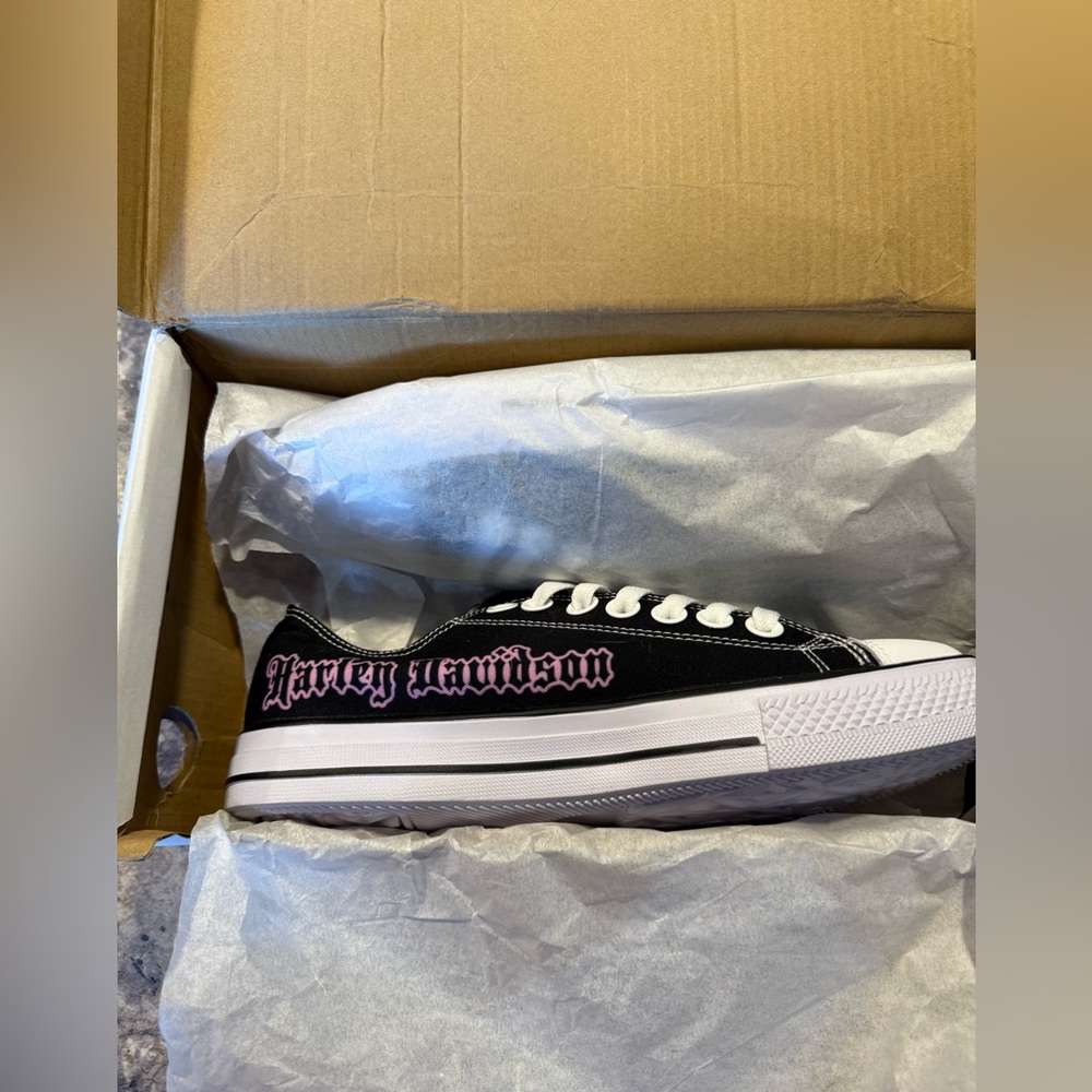 Black/White and Pink Harley Davidson Low-Top Sneakers (converse style)
